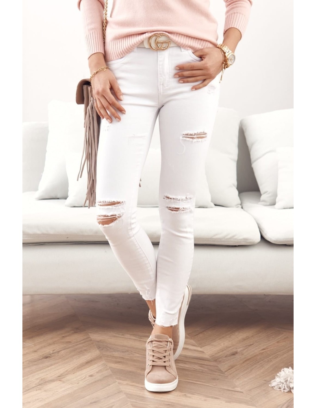 Denim pants with holes, white 2596 - Online store - Boutique